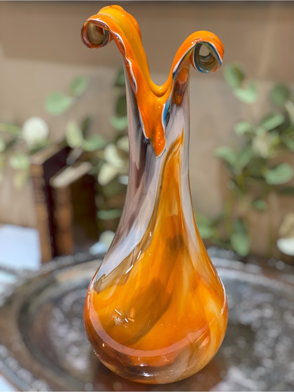 Vintage Murino Large 15” Hand Blown Art Glass Vase Fantastic Curled Rim Orange